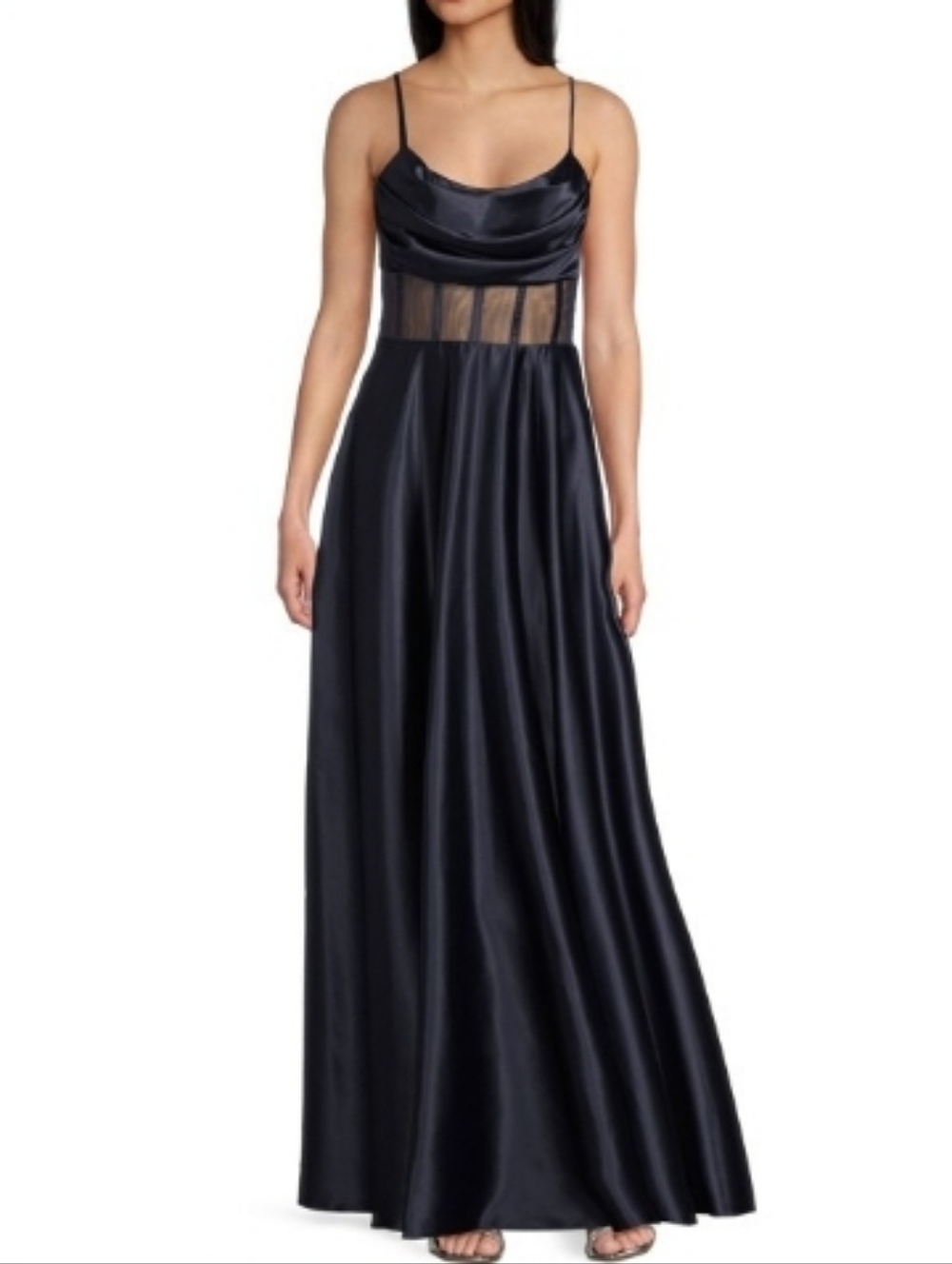 Next Up Navy Satin Illusion Corset Maxi Dress